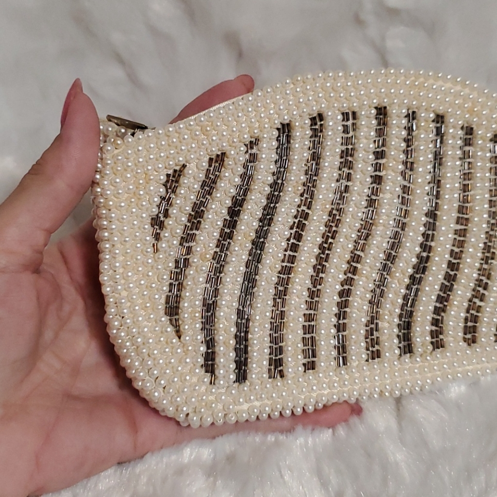 Vintage Faux Pearl Gray Beaded Dressy Clutch Wedding Prom Black Tie Fabulous!